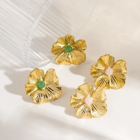 Edelstahl Blume Ohrstecker Mit Naturstein Inlay Retro Elegant Vergoldet Schmuck Für Frauen