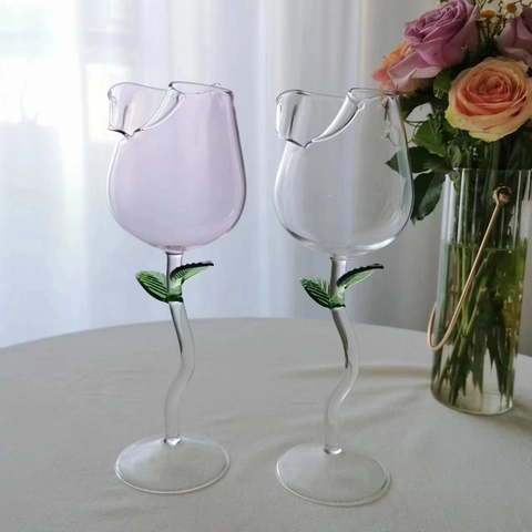 Verre À Vin En Forme De Rose Romantique Calice Fait Main En Verre Borosilicate Verre À Cocktail Créatif Avec Tige À Feuilles Vertes