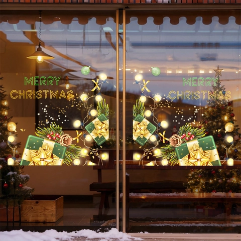 Christmas Window Sticker Static Adsorption PVC Decal Merry Christmas Gift Box Double Sided Glass Door Holiday Decoration