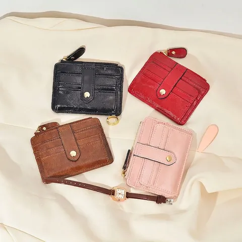 Multi Slot Card Holder PU Leather Retro Zipper Pocket Snap Button Minimalist Slim Wallet For Women