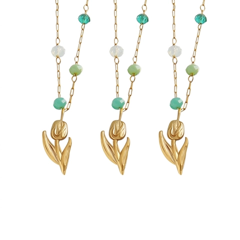 Collana Con Pendente A Tulipano Acciaio Inossidabile Placcato Oro 18K Con Perle Di Cristallo Verde Bianco Gioielli Eleganti