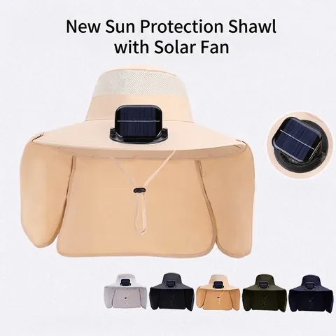 Solar Powered Fan Sun Hat Wide Brim Waterproof Nylon Bucket Hat With Neck Protection For Outdoor Fishing Hiking