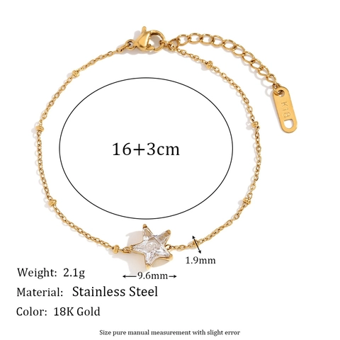 18K Gold Plated Stainless Steel Star Charm Bracelet With White Zircon Bead Chain For Women Minimalist Adjustable Jewelry