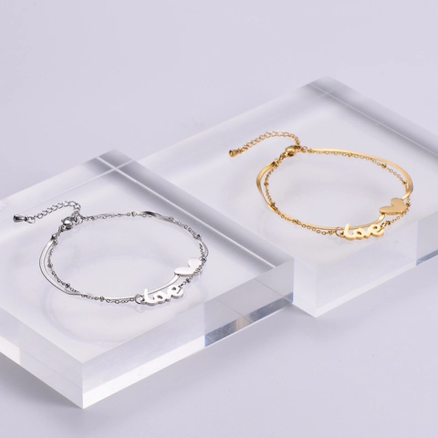 Bracciale A Doppio Strato In Acciaio Inossidabile 316L Con Pendenti A Cuore E Parola Love Gioielli Minimalisti Per Donna