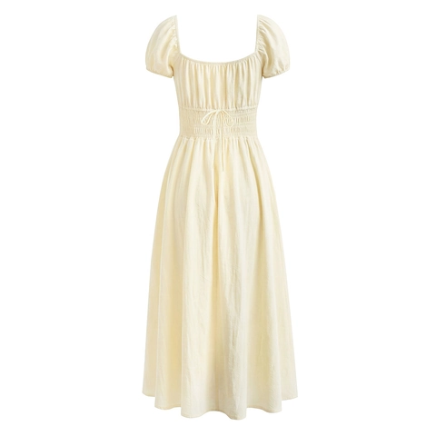 Damen Midi Kleid Baumwolle Puffärmel Quadratischer Ausschnitt Gesmokte Hohe Taille Französischer Stil