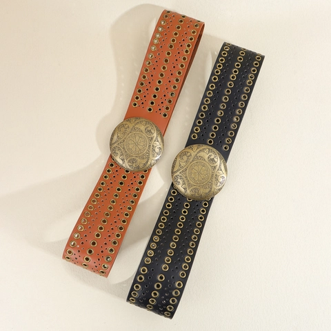 Women Wide PU Leather Belt Vintage Boho Style Large Round Carved Metal Buckle Eyelet Decoration Y2K Wasteland