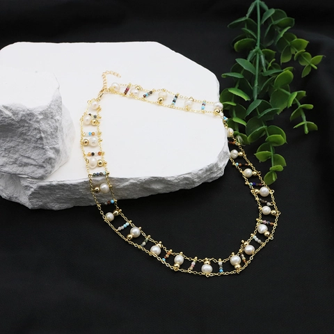 Collar de Perlas de Agua Dulce Vintage para Mujer Cadena Chapada en Oro de 18K de Doble Capa Elegante Gargantilla de Cuentas