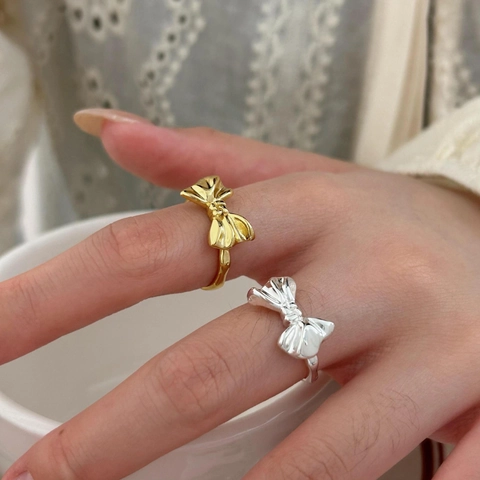 925 Sterling Silver Bowknot Ring Minimalist Adjustable Open Band Elegant Jewelry For Women