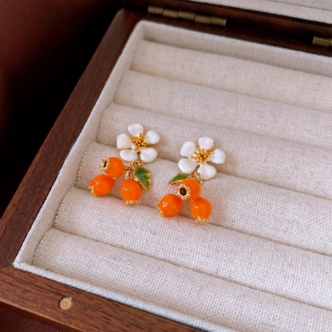 Boucles D'oreilles Pendantes Fleurs Fruits Vintage Français Avec Tige En Argent Cuivre Émail Grenade Persimmon Femmes