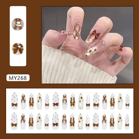 Lange Mandelform Aufpressnägel Braun Creme Leopardenmuster Punktmuster 3D Bogen Strass Glitzer ABS Kunststoff DIY Maniküre Für Damen
