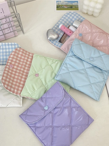 Quilted PU Leather Sanitary Napkin Storage Bag With Heart Button Rhombus Pattern Portable Makeup Pouch For Women