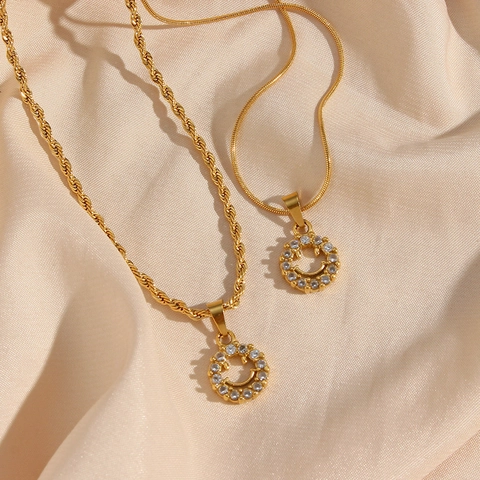 Collana In Acciaio Inossidabile Placcato Oro 18K Zirconi Pendente Faccina Sorridente Catena A Fune Gioielli Per Donna