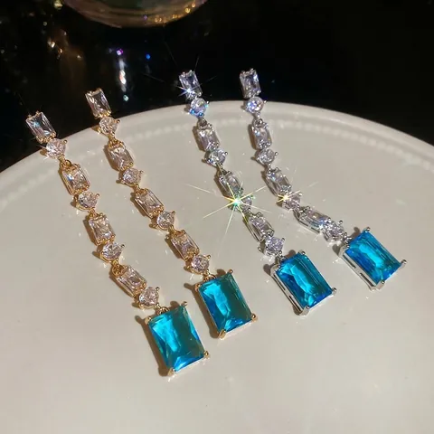 Geometric Long Drop Earrings Copper 18K Gold Plated Blue Zircon With 925 Sterling Silver Earring Post Vintage Luxury