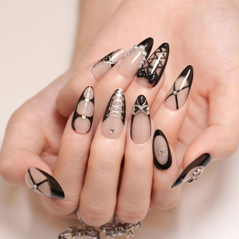 Unghie Finte Press On Nails Fatte A Mano Nero Rosa French Mandorla Con Fiocco 3D Perla Artificial Strass Stile Gotico