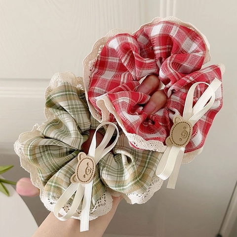 Coletero De Cuadros Con Borde De Encaje Lazo Dulce Y Dije De Oso Elástico De Tela Para Mujeres Y Niñas Estilo Coreano