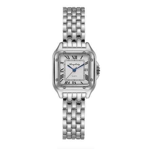 Women's Quartz Watch Square Stainless Steel Strap Date Display Roman Numerals Minimalist Wristwatch For Ladies Casual Fashion