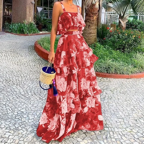Dames Vakantie Bloemenprint Halter Cami Top en Gelaagde Maxi Rok Set Boho Tweeledige Outfits