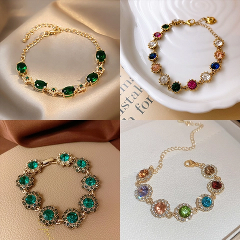 Bracciale In Zircone Vintage Rame Lusso Colorato Verde Smeraldo Cristallo Bangle Regolabile Gioielli Regalo Donna