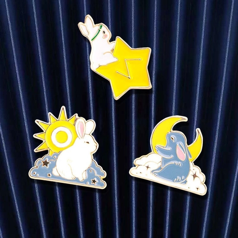 Lindo Broche de Esmalte de Conejo de Dibujos Animados Set Sol Luna Estrella Nube Insignia de Aleación para Ropa Mochila Joyería Mujer