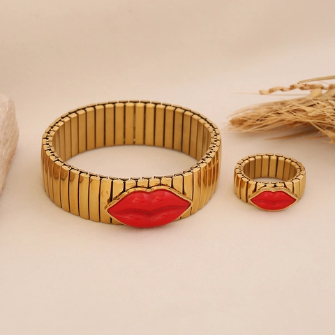 Lippenform Edelstahl Emaille Elastisches Armband Und Ring Schmuck Für Frauen Mode Persönlichkeit Vergoldet