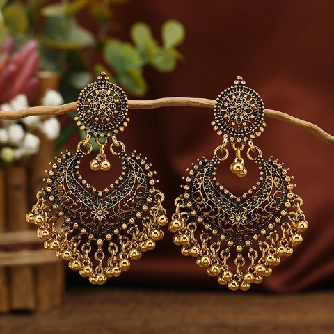 Bohemian Ethnic Chandelier Earrings Hollow Out Tassel Bell Long Drop Women Jewelry With Stainless Steel Earring Post Alloy