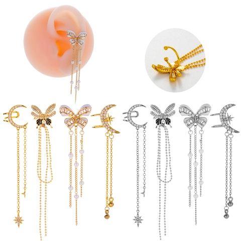 Ear Cuffs Non Piercing Copper Earrings Butterfly Star Moon Tassel Dangle Zircon Faux Artificial Pearl Trendy Jewelry For Women