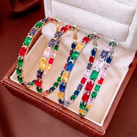 Colorful Baguette Zircon Large Hoop Earrings With Silver Earring Post Vintage Fashion Jewelry For Women