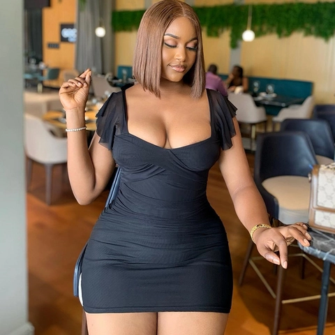 Women Sexy Ruched Bodycon Mini Dress Knit Mesh Bubble Sleeve Sweetheart Neck Slim Fit Solid Color Party Night Out