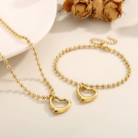 Hollow Heart Pendant Stainless Steel Necklace And Bracelet For Women Minimalist Fashion Jewelry Bead Chain Accessory