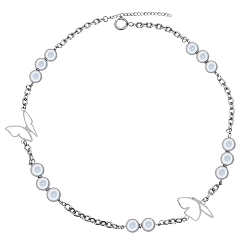 Butterfly Pendant Reflective Artificial Pearl Necklace Stainless Steel Hip Hop Style Clavicle Chain Jewelry For Women Men Silver Color