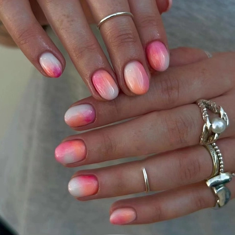 Unghie Finte Press On Sfumate Arancione Rosa Corte Tonde Ovali Lucide Specchio Dolce Stile Ins Donne