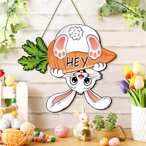 Easter Wooden Hanging Sign Cartoon Rabbit Holding Carrot Wall Decor Festive Door Hanger Home Ornament