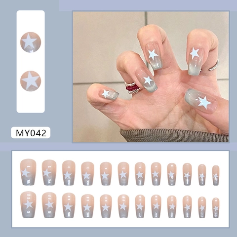 Press On Nagels Cat Eye Gradiënt Blauw Ster Franse Manicure Kistvorm Afneembare Kunstnagels Voor Dames