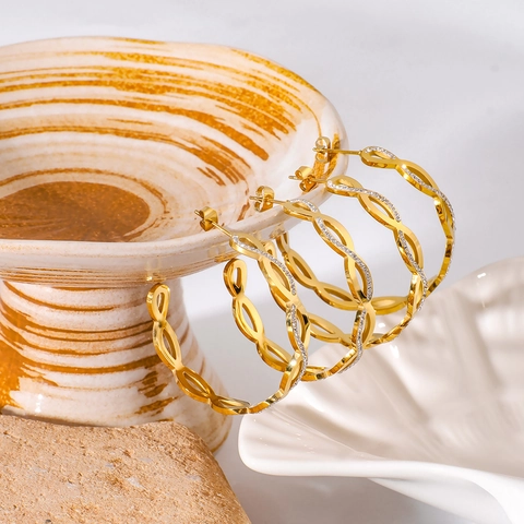 Gedraaide C-Vormige Creolen Roestvrij Staal 18K Verguld Strass Mode Sieraden Voor Dames High-End Stijl