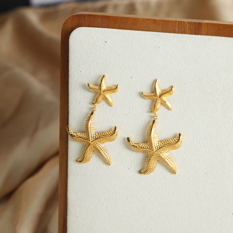 Pendientes De Gota De Estrella De Mar Acero De Titanio Chapado En Oro De 18K Textura Granular Estilo Océano Joyería Para Mujer
