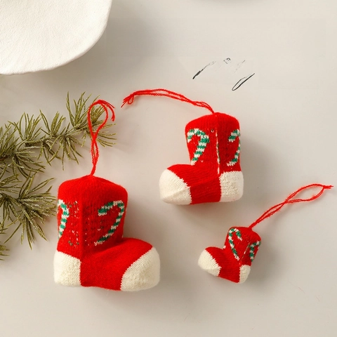 Gestrickte Weihnachtsstrumpf Ornamente Mini Stiefel Hängedekoration Polyester Schaum Zuckerstangen Muster Feiertag Baum Deko