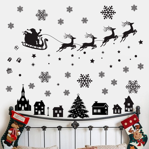 Christmas Wall Stickers Santa Reindeer Sleigh Silhouette Window Decals PVC Self Adhesive Removable Xmas Home Decor