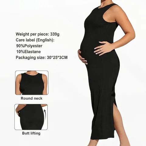 Umstands-Bodycon-Maxikleid Rippstrick Ärmellos Rundhalsausschnitt Rückenschlitz Schmale Passform Schwangerschaft Kleidung Schwarz