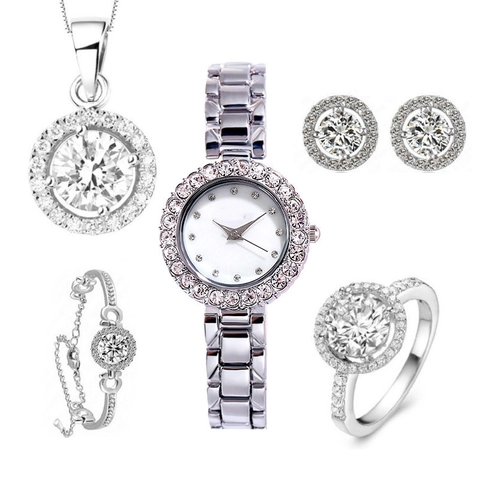 Women Rhinestone Quartz Watch With Necklace Bracelet Ring And Stud Earrings Alloy Zircon Elegant Jewelry