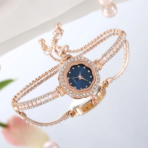 Reloj de Cuarzo para Mujer con Forma de Flor y Correa de Aleación con Perlas Artificiales y Diamantes de Imitación Elegante