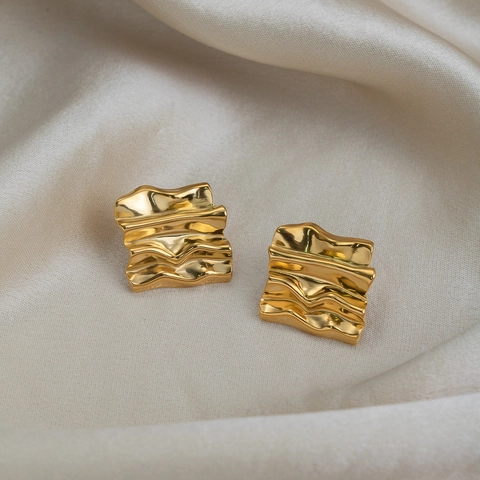 Geometric Wave Stud Earrings For Women Stainless Steel Gold Plated Pleated Square Retro Vintage Hypoallergenic