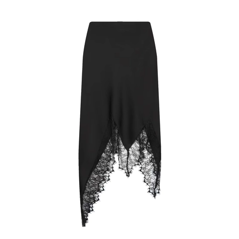 Women Elegant Black Satin Midi Skirt Irregular Eyelash Lace Patchwork Hem Straight Blended Skirt For Office Party Commute