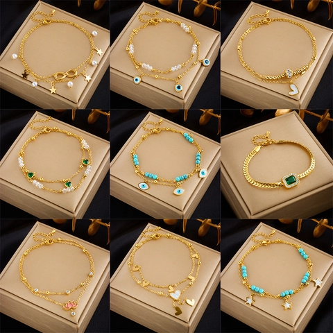 Bohemian Gold Stainless Steel Double Layer Anklet For Women Heart Star Evil Eye Artificial Pearl Rhinestone Foot Chain Jewelry