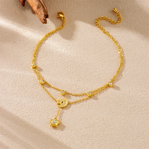 Double Layer Star Moon Anklet Stainless Steel Rhinestone Gold Plated Tassel Foot Chain Minimalist Jewelry For Women