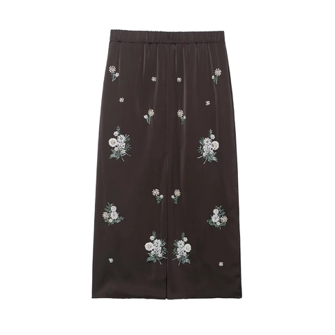 Dames Satijnen Midi Rok Elegante Bloemen Borduursel Pailletten Kralen Elastische Taille Vintage Stijl Koffiebruin