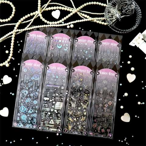 Holographic PET Stickers Laser Silver Stamping Butterfly Star Moon For Scrapbooking Journal DIY Card Aesthetic Decor