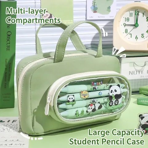 Large Capacity Pencil Case Oxford Cloth Double Compartment Portable Student Stationery Organizer Transparent Window Makeup Bag