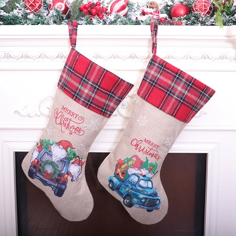 Weihnachtsstrumpf Jutesack Hängende Geschenktüte Rot Karo Umschlag Retro LKW Zwerg Druck Feiertag Dekoration