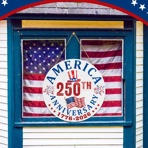 Amerika 250e Jubileum Ronde Houten Hangbord Patriottische Deur Wand Decoratie Onafhankelijkheidsdag Rood Wit Blauw