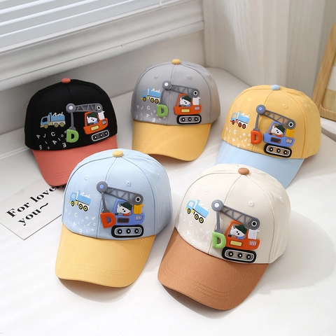 Cappello Baseball Bambini Cartone Animato Escavatore Gru Cappellino Sole Traspirante Patchwork Colore Contrasto Esterno Ragazzi Ragazze Misto Cotone